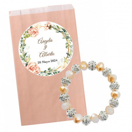 Bracciale scintillante in busta di carta rosa pastello con adesivo floreale personalizzabile