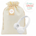 Cuffie Bluetooth bianche pieghevoli in custodia in stoffa con etichetta e adesivo personalizzabile da regalare