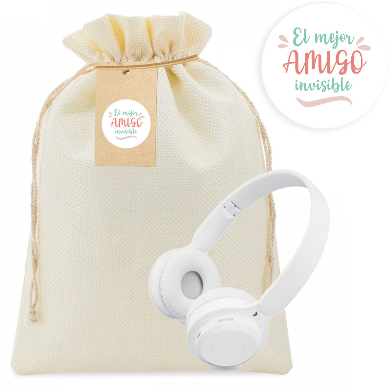 Cuffie Bluetooth bianche pieghevoli in custodia in stoffa con etichetta e adesivo personalizzabile da regalare