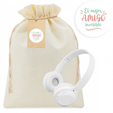 Cuffie Bluetooth bianche pieghevoli in custodia in stoffa con etichetta e adesivo personalizzabile da regalare