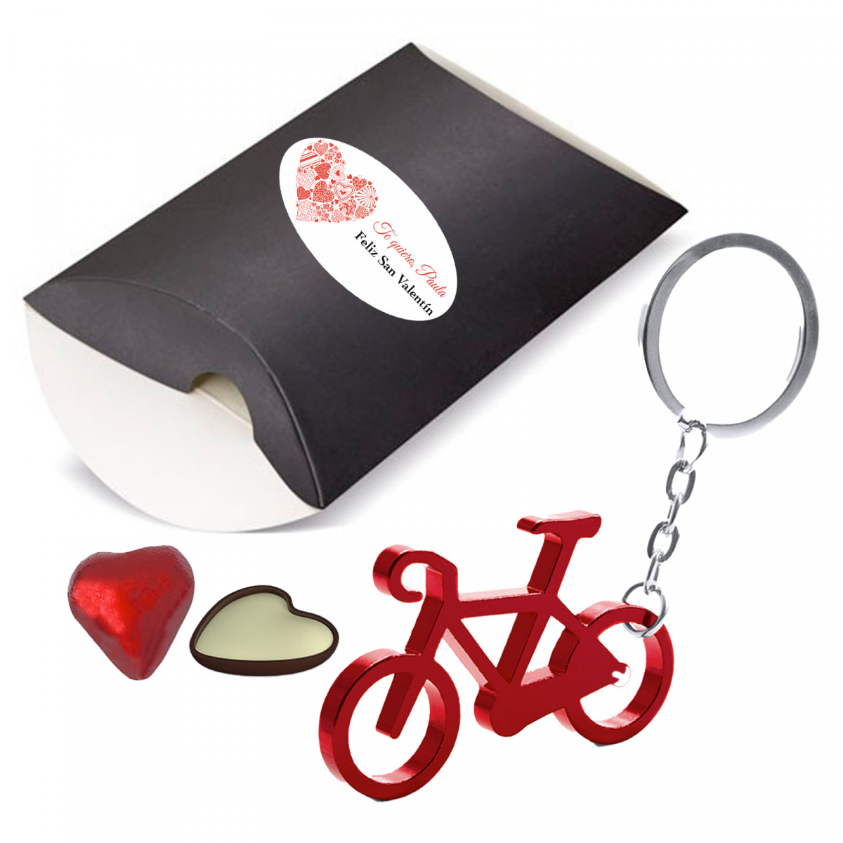 Portachiavi bicicletta rossa e bonbon di cioccolato in una scatola rossa personalizzata per un matrimonio o un dettaglio di San