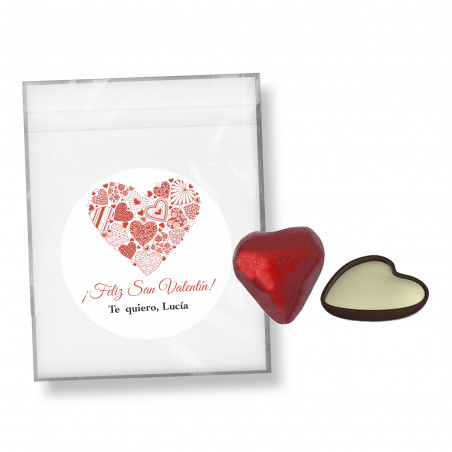 Cioccolatini a forma di cuore 2 unità in un sacchetto con adesivo personalizzato per San Valentino