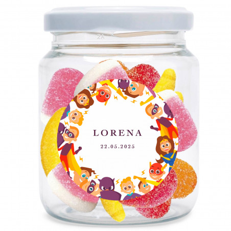 Barattolo di caramelle personalizzato con adesivo del supereroe e caramelle gommose assortite, dettaglio per bambini