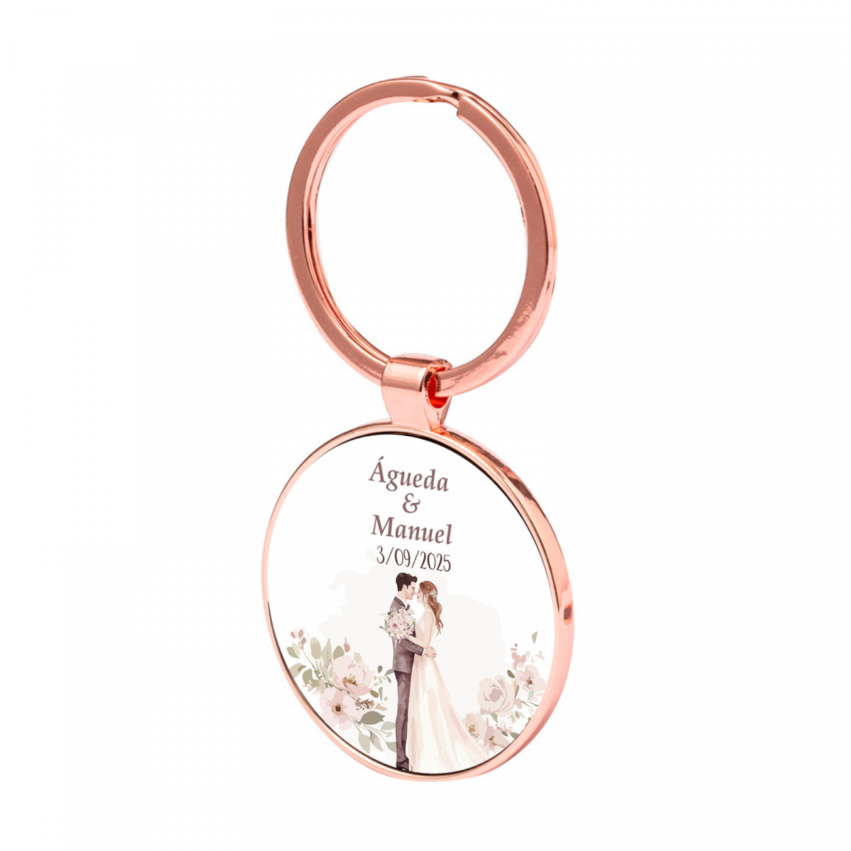 Portachiavi personalizzato in oro rosa con adesivo per i dettagli del matrimonio