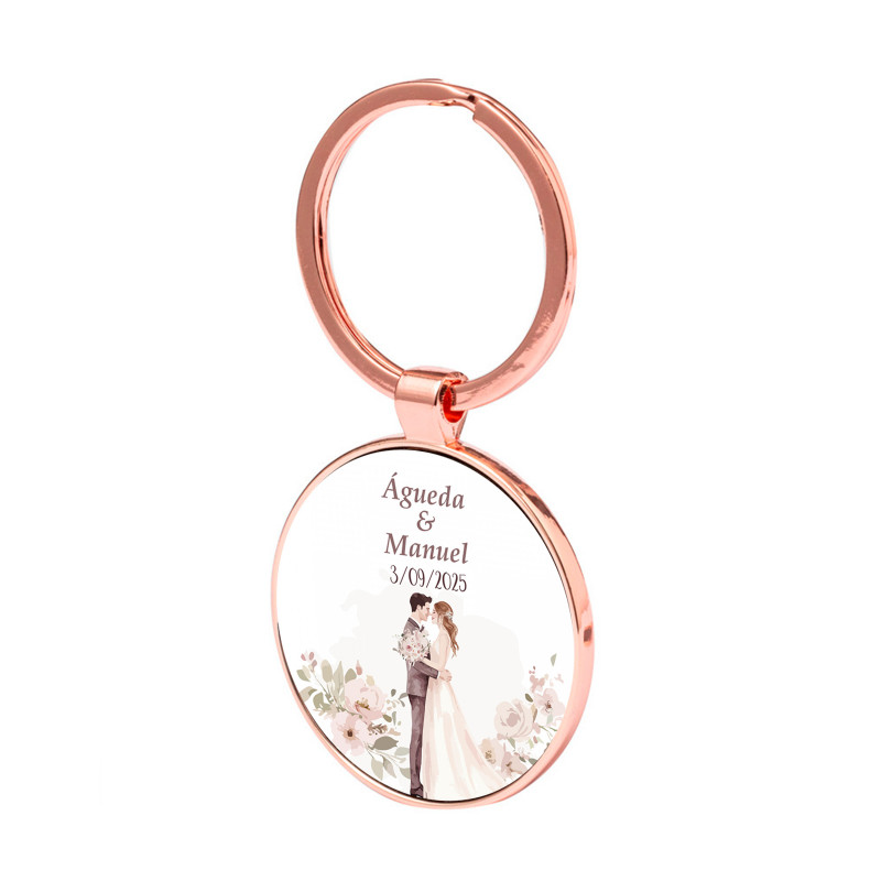 Portachiavi personalizzato in oro rosa con adesivo per i dettagli del matrimonio