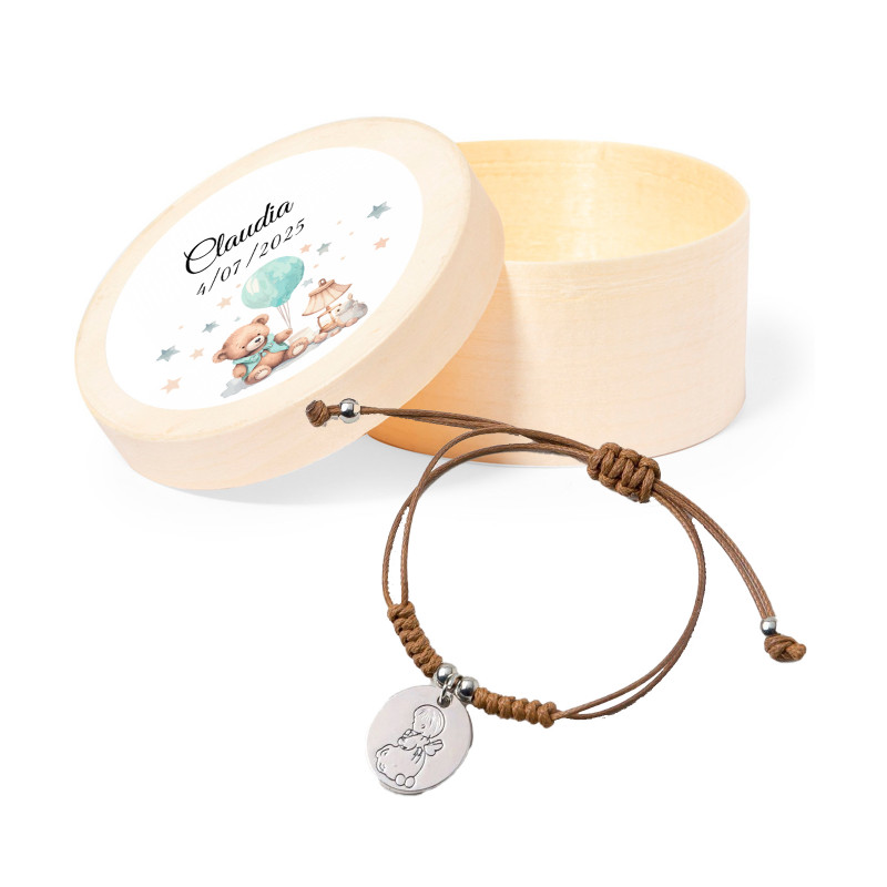 Bracciale con medaglia angioletto in scatola di legno personalizzata con adesivo per battesimo