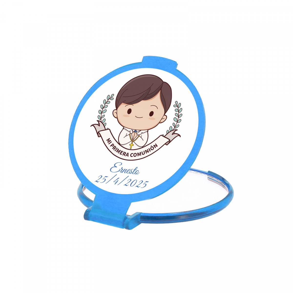 Specchietto pieghevole blu con adesivo personalizzabile per un bambino della comunione da regalare