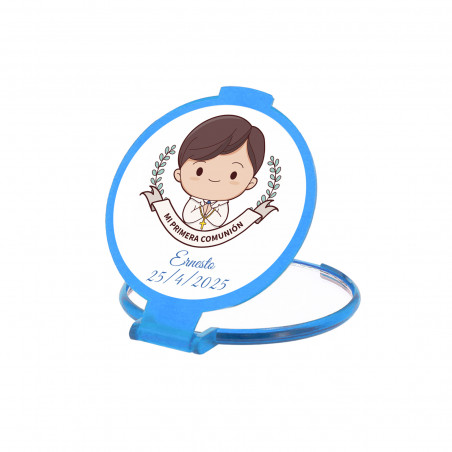 Specchietto pieghevole blu con adesivo personalizzabile per un bambino della comunione da regalare