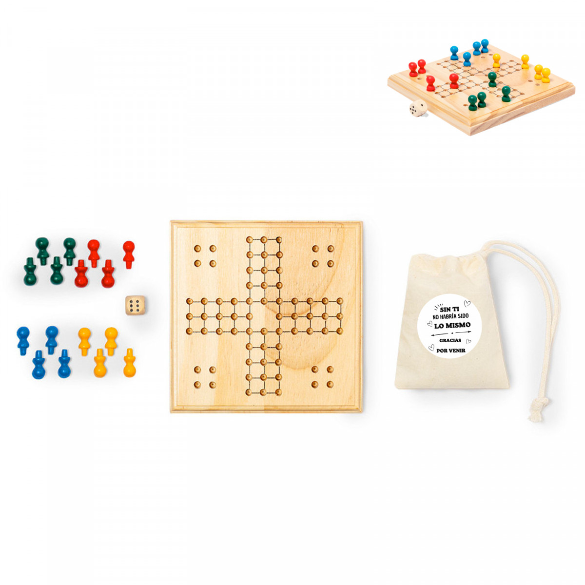 Ludo in legno in sacchetto di cotone con adesivo di ringraziamento per i dettagli