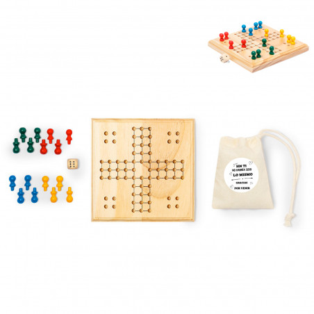 Ludo in legno in sacchetto di cotone con adesivo di ringraziamento per i dettagli