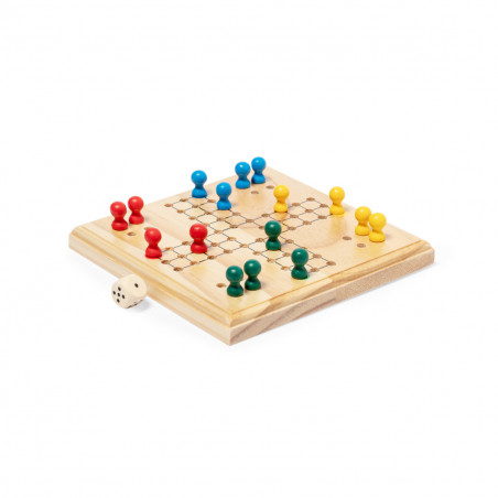 Ludo in legno in sacchetto di cotone con adesivo di ringraziamento per i dettagli