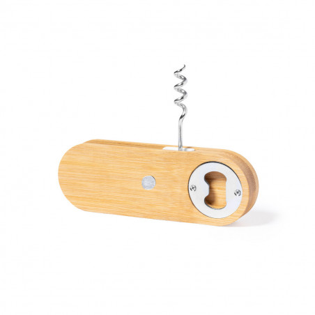 Apri e cavatappi con legno e calamita in sacchetto di tessuto blu e personalizzato con adesivo bambino comunione