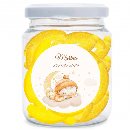 Barattolo di banane di caramelle personalizzato con adesivo di bambino per battesimi