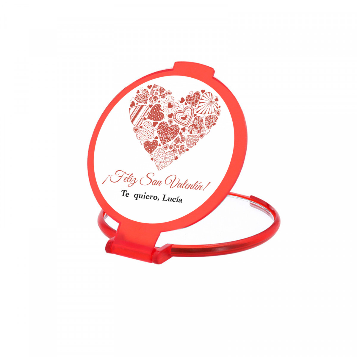 Specchio pieghevole rosso con romantico adesivo a forma di cuore personalizzabile da regalare