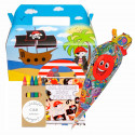 Cono de chuches con libro para colorear y caja con ceras personalizable en caja pirata para detalles