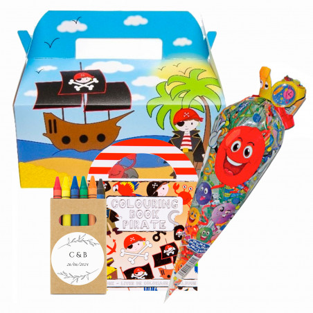 Cono de chuches con libro para colorear y caja con ceras personalizable en caja pirata para detalles