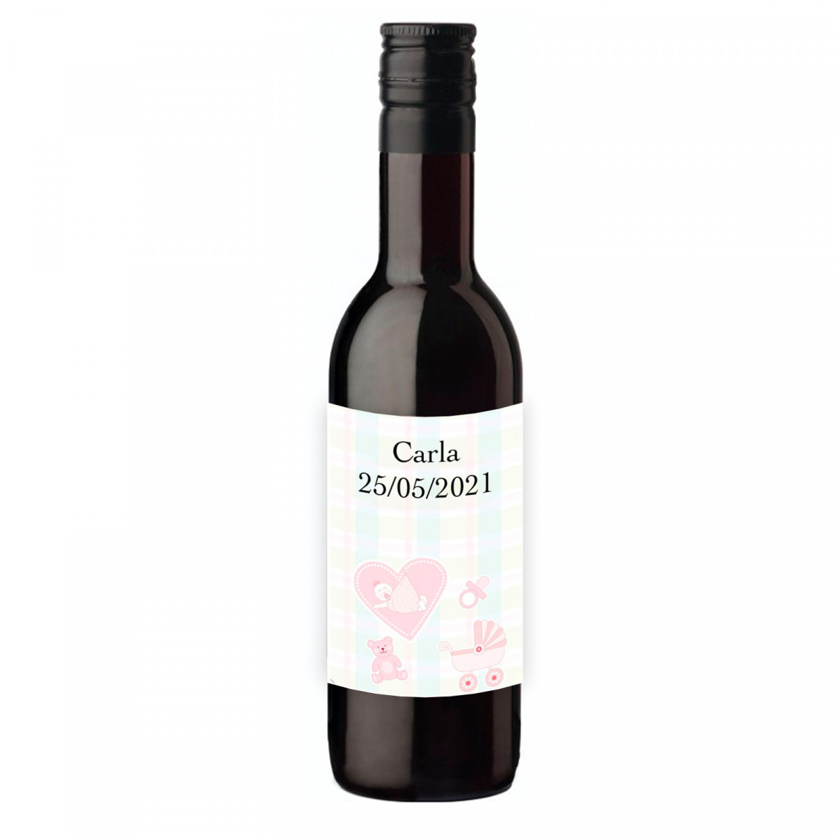 Vino rosso con adesivo personalizzato per i dettagli del battesimo