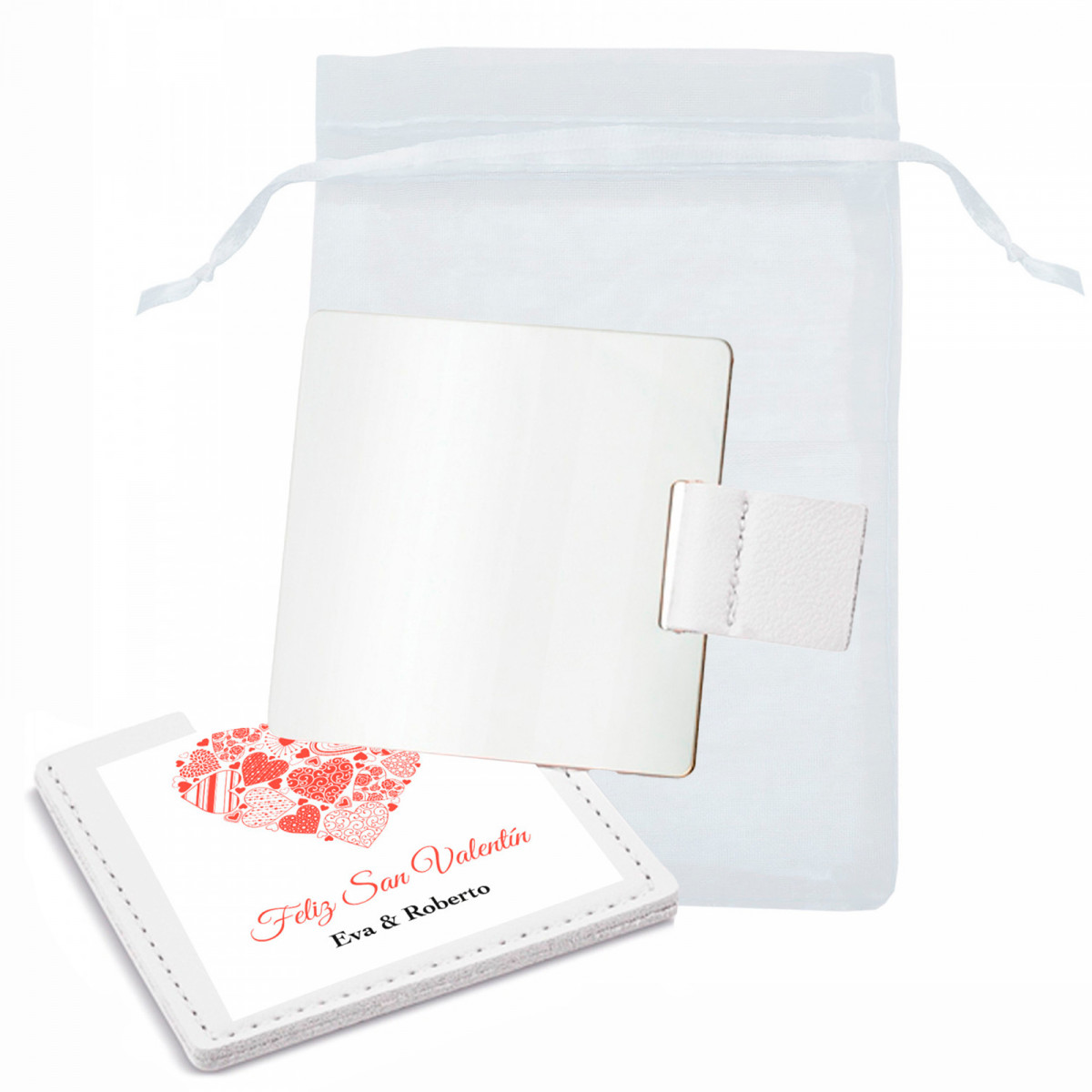 Specchio con custodia personalizzata con sacchetto in organza per i dettagli
