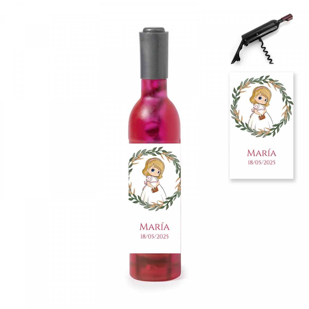 Cavatappi magnetico a forma di bottiglia rosa con adesivo di comunione per bambina