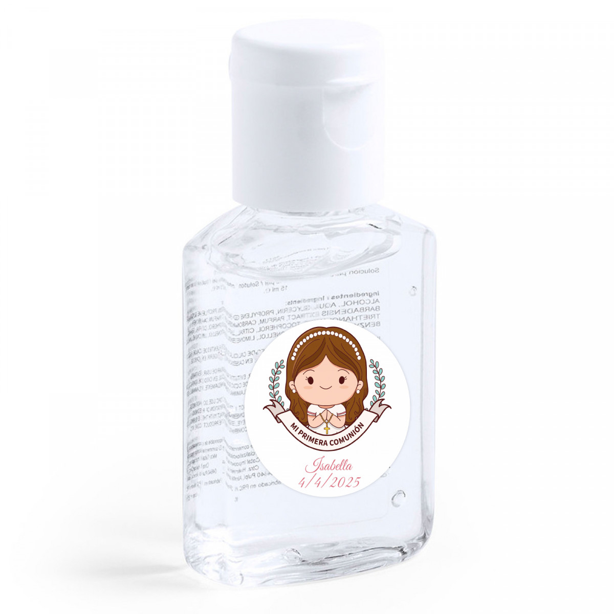 Gel idroalcolico con adesivo per la Prima Comunione della bambina per i dettagli