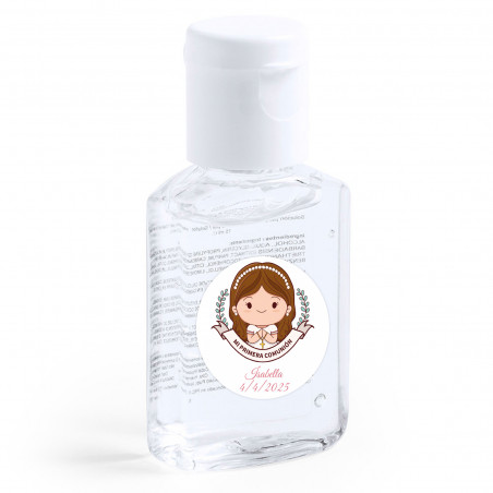 Gel idroalcolico con adesivo per la Prima Comunione della bambina per i dettagli