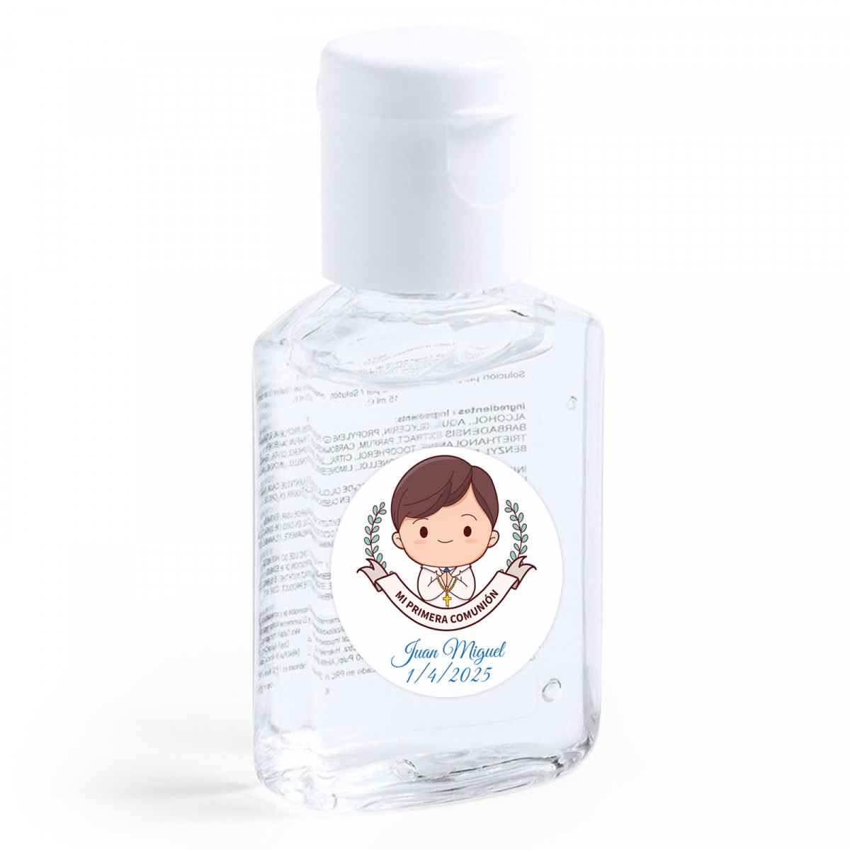 Gel idroalcolico con adesivo per la prima comunione del bambino per i dettagli