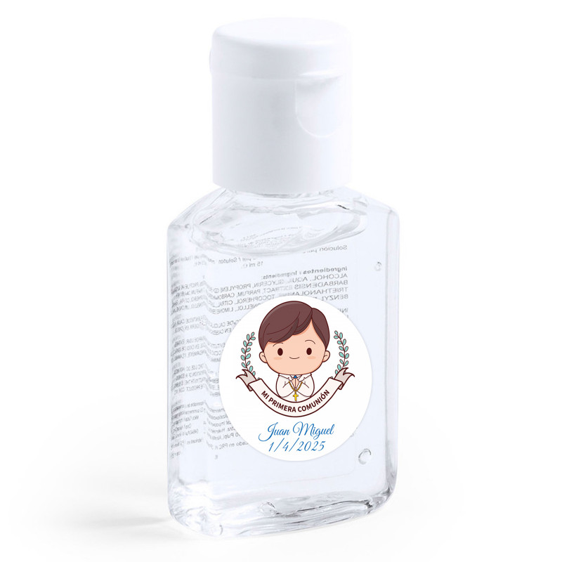 Gel idroalcolico con adesivo per la prima comunione del bambino per i dettagli