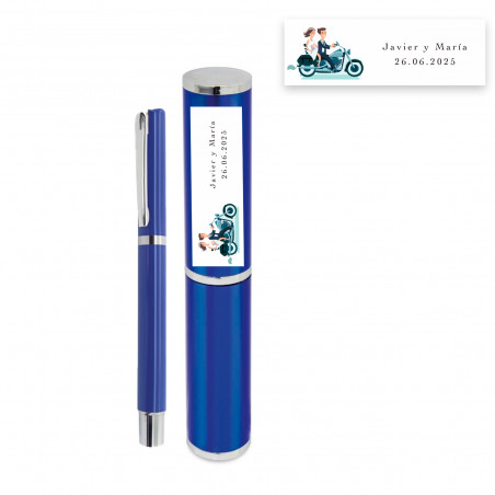 Penna a sfera con custodia in metallo blu royal con adesivo degli sposi su moto per matrimoni