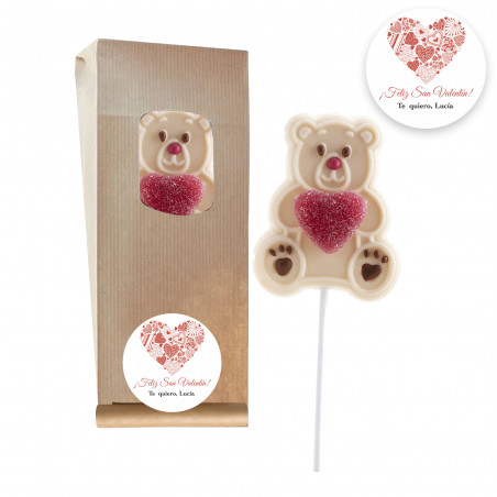 Lecca lecca a forma di orsetto di cioccolato bianco con cuore in sacchetto kraft con adesivo personalizzato di San Valentino