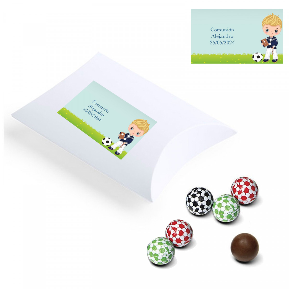 Palline di cioccolato in astuccio personalizzato con adesivo comunione bambino