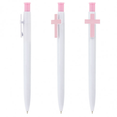Penna personalizzata per battesimo con croce rosa e dettaglio di angioletto in vinile trasparente