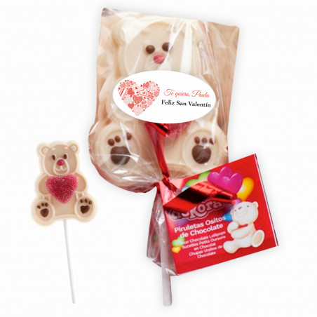 Lecca lecca di cioccolato bianco con cuore di gelatina e adesivo personalizzato per i dettagli