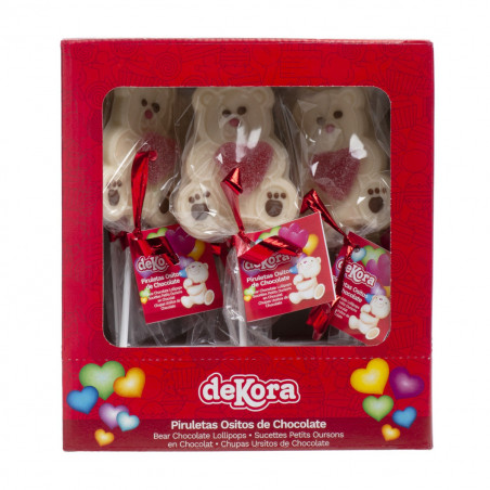 Lecca lecca di cioccolato bianco con cuore di gelatina e adesivo personalizzato per i dettagli