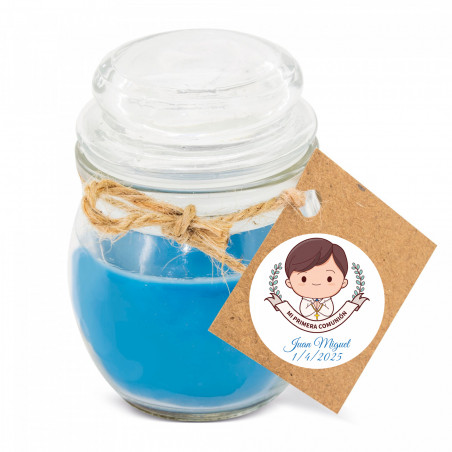 Candela aromatica blu in barattolo di vetro con etichetta adesiva 3 cm per dettagli prima comunione bambino