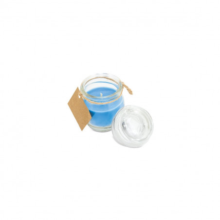 Candela aromatica blu in barattolo di vetro con etichetta adesiva 3 cm per dettagli prima comunione bambino