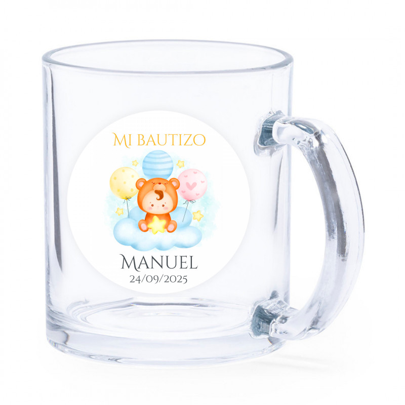 Tazza in vetro con simpatico adesivo personalizzabile per i dettagli