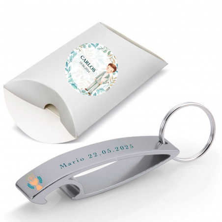 Portachiavi apri con adesivo personalizzabile in scatola kraft personalizzata per i dettagli della prima comunione del bambino