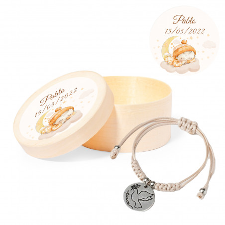 Bracciale colomba della pace in scatola di legno con adesivo per neonati per battesimi