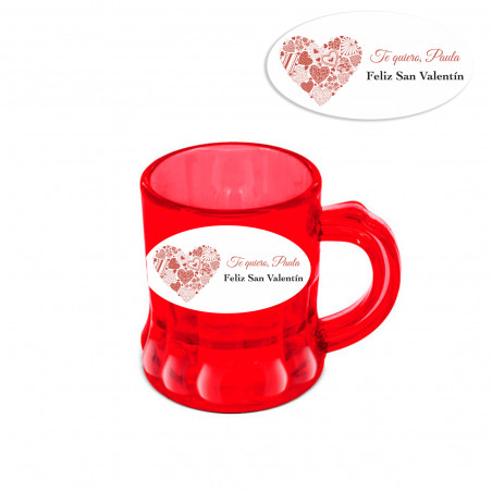 Jarra di shot rossa con manico con adesivo ovale personalizzato con adesivo per matrimoni o San Valentino