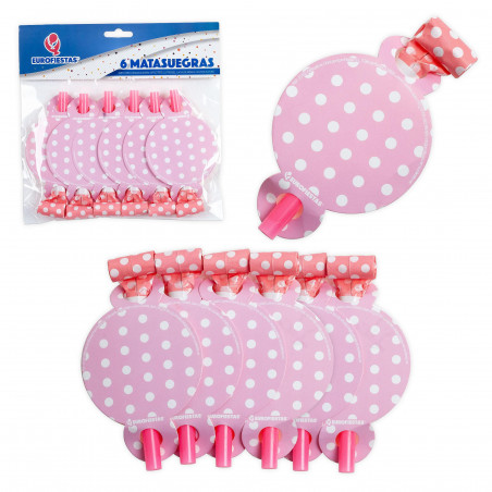 Soffiatori acustici per feste a pois rosa bianchi 6 unità