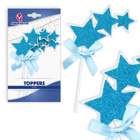 Topper con stelle blu con glitter e fiocco coordinato