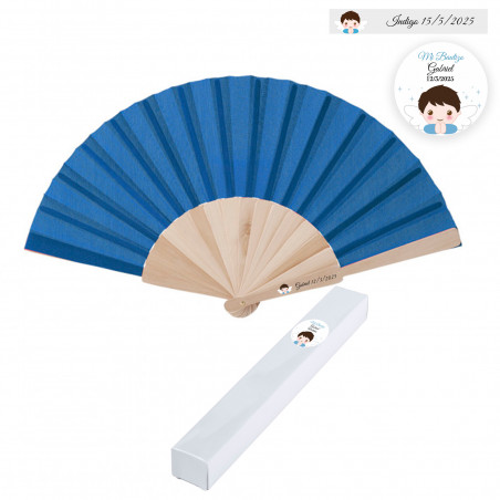 Ventaglio di legno blu con adesivo personalizzato per battesimi