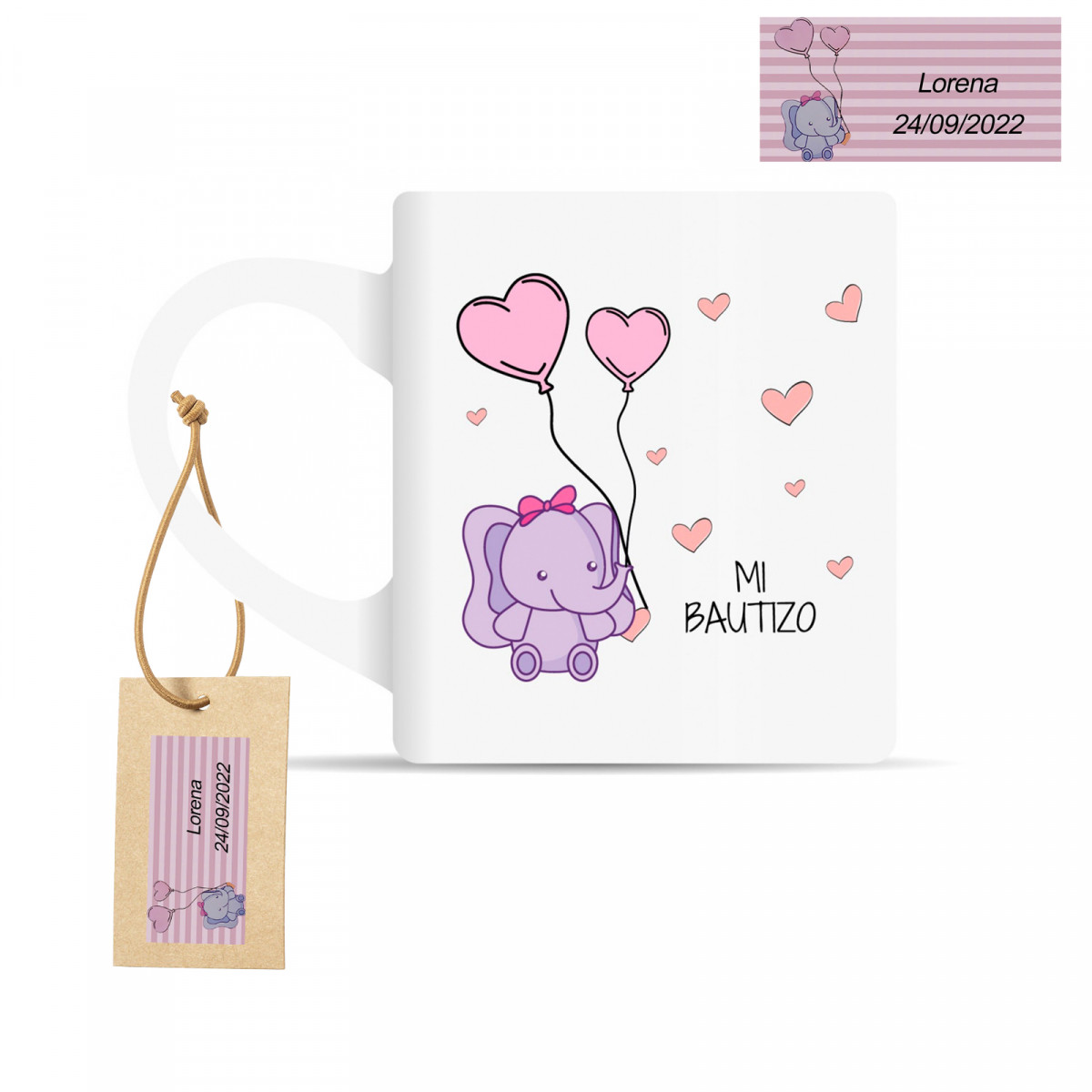 Tazza con motivo di elefante rosa e etichetta personalizzata per battesimo bebé