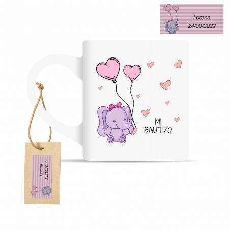 Tazza con motivo di elefante rosa e etichetta personalizzata per battesimo bebé