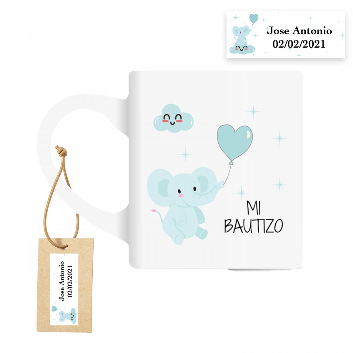 Tazza in ceramica con motivo di elefante celeste e etichetta personalizzata per battesimo bebé