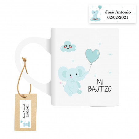 Tazza in ceramica con motivo di elefante celeste e etichetta personalizzata per battesimo bebé