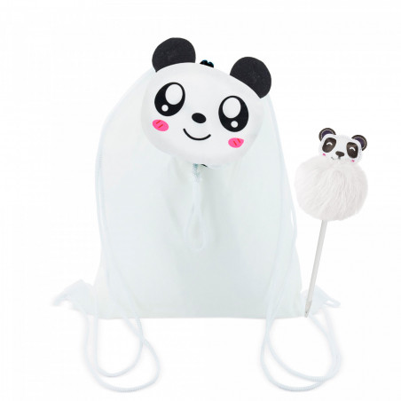 Zaino pieghevole per bambini con orsetto panda e penna con pompon abbinato