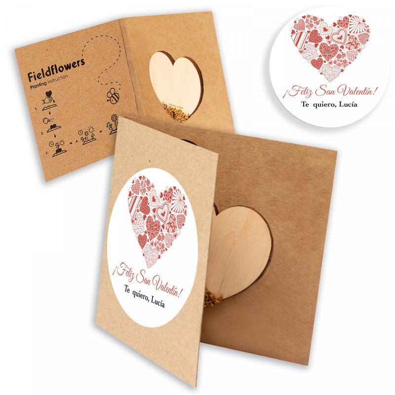 Cuore di semi di fiori selvatici con adesivo romantico personalizzato
