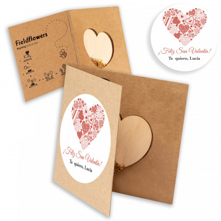 Cuore di semi di fiori selvatici con adesivo romantico personalizzato