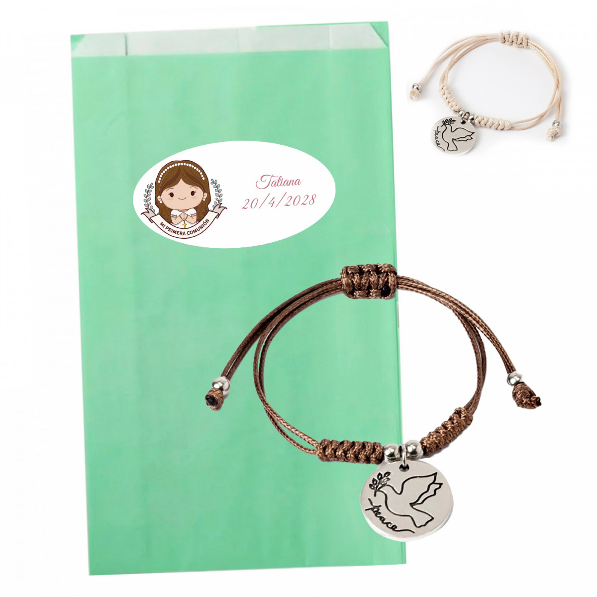 Bracciale di comunione colomba della pace in sacchetto verde acqua con adesivo personalizzabile